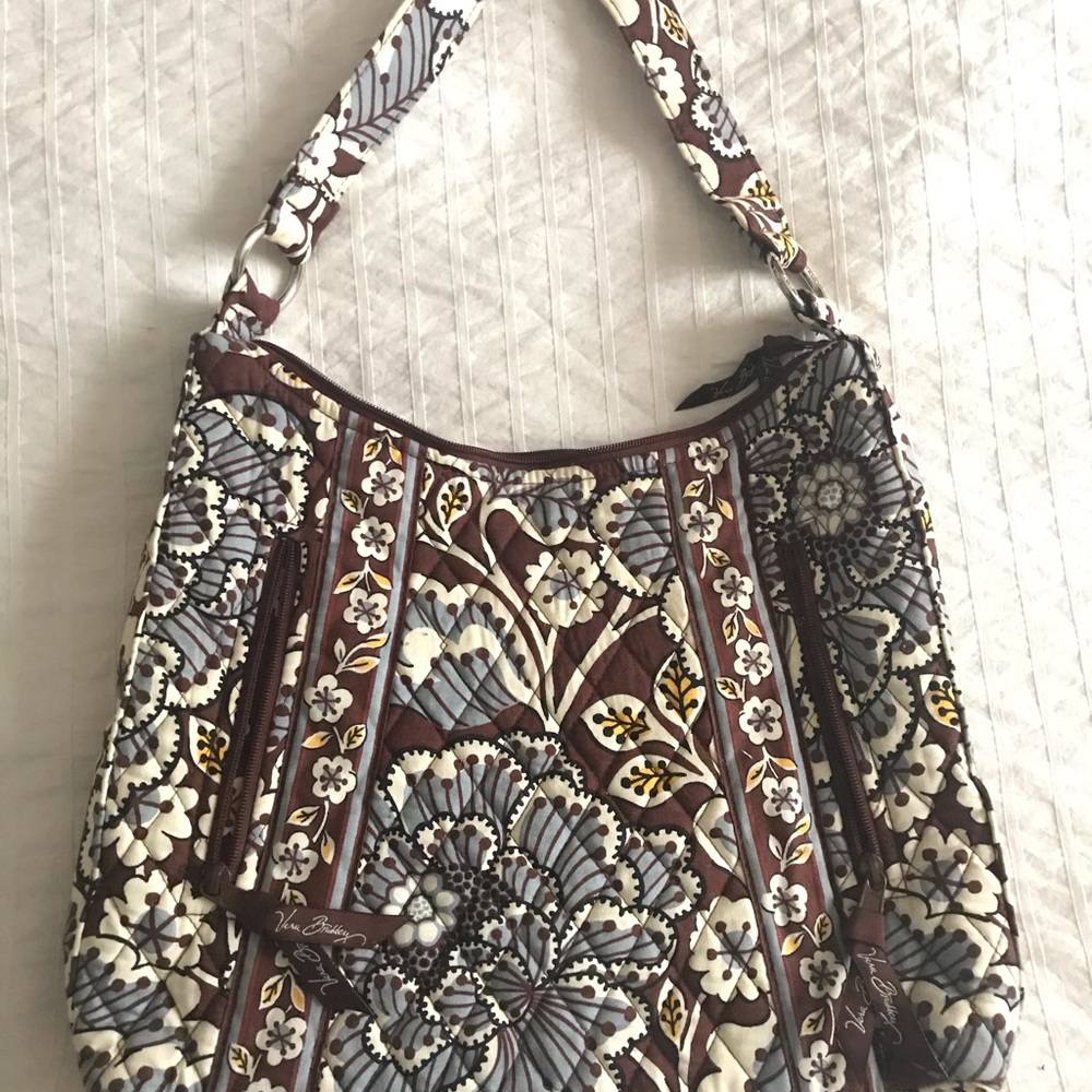 Vera Bradley Brown & Java blue handbag never used w/silver logo imprinted rings.